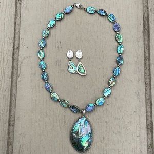 Vintage abalone set necklace 925 sterling silver and earrings